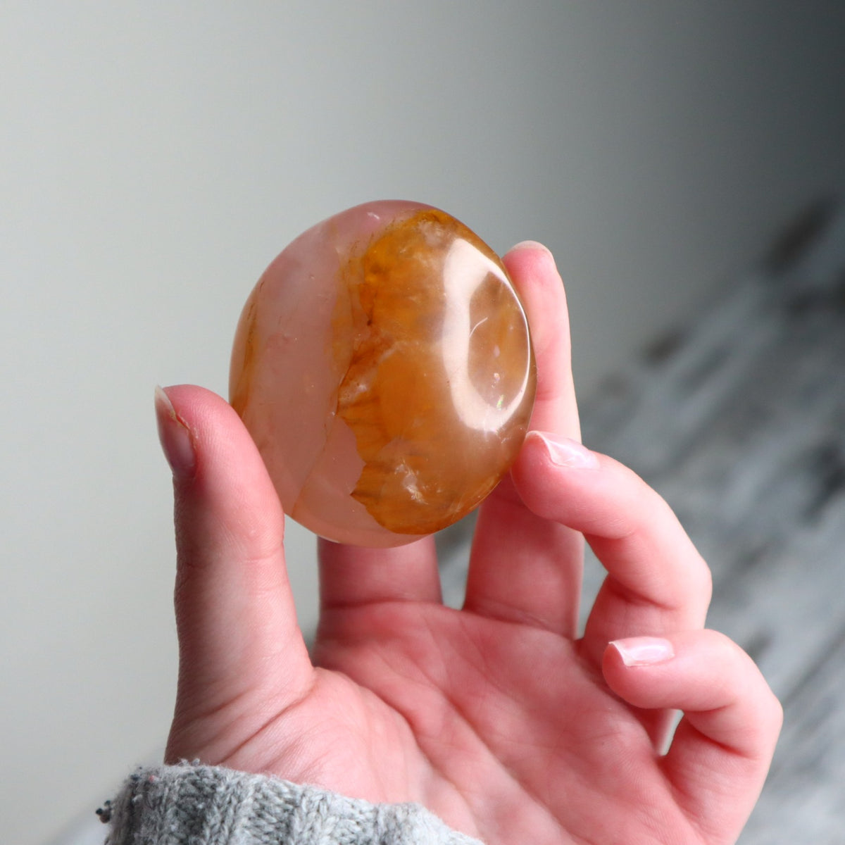 Hematoid Quartz Palm Stone | Golden Light, Grounding & Inner Strength