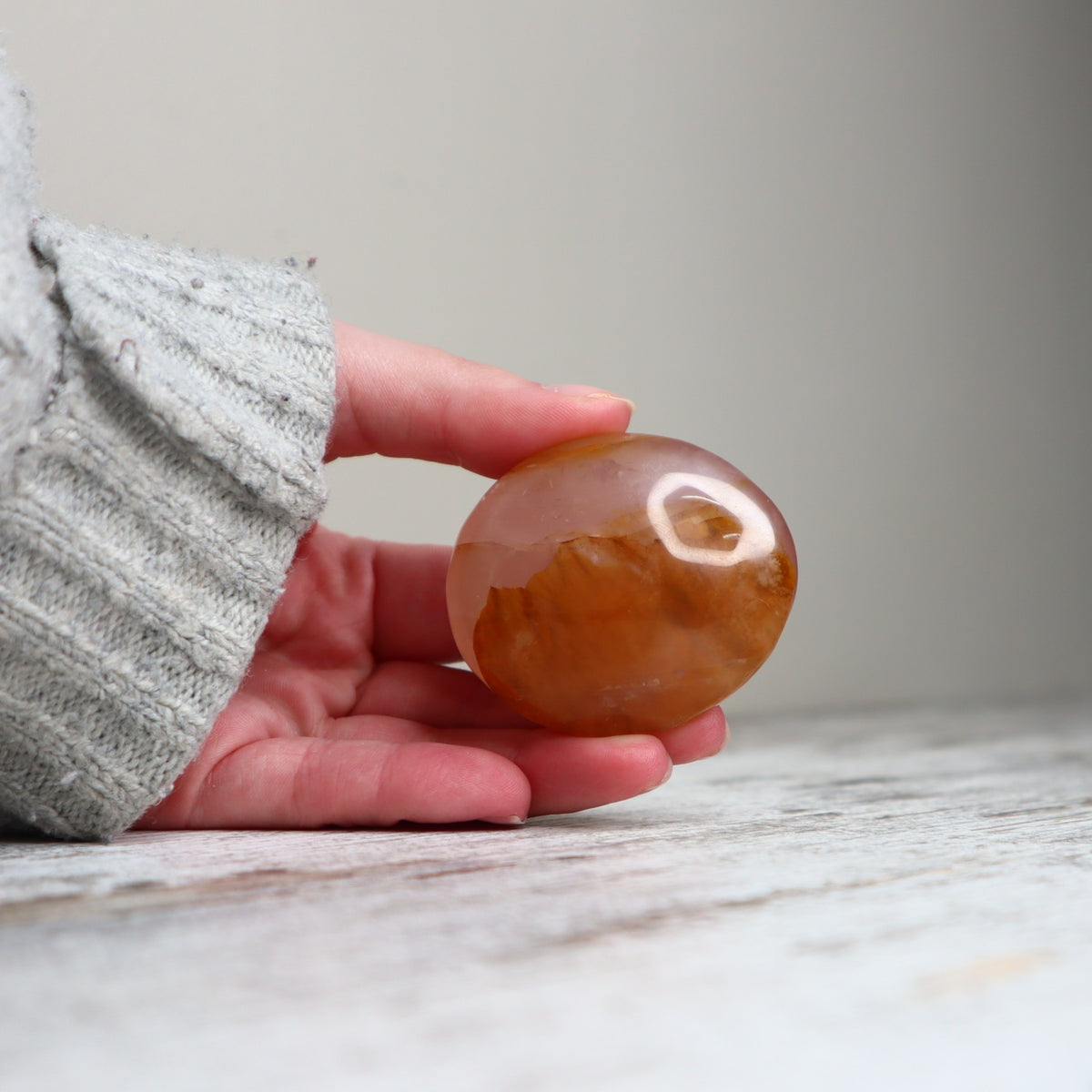 Hematoid Quartz Palm Stone | Golden Light, Grounding & Inner Strength