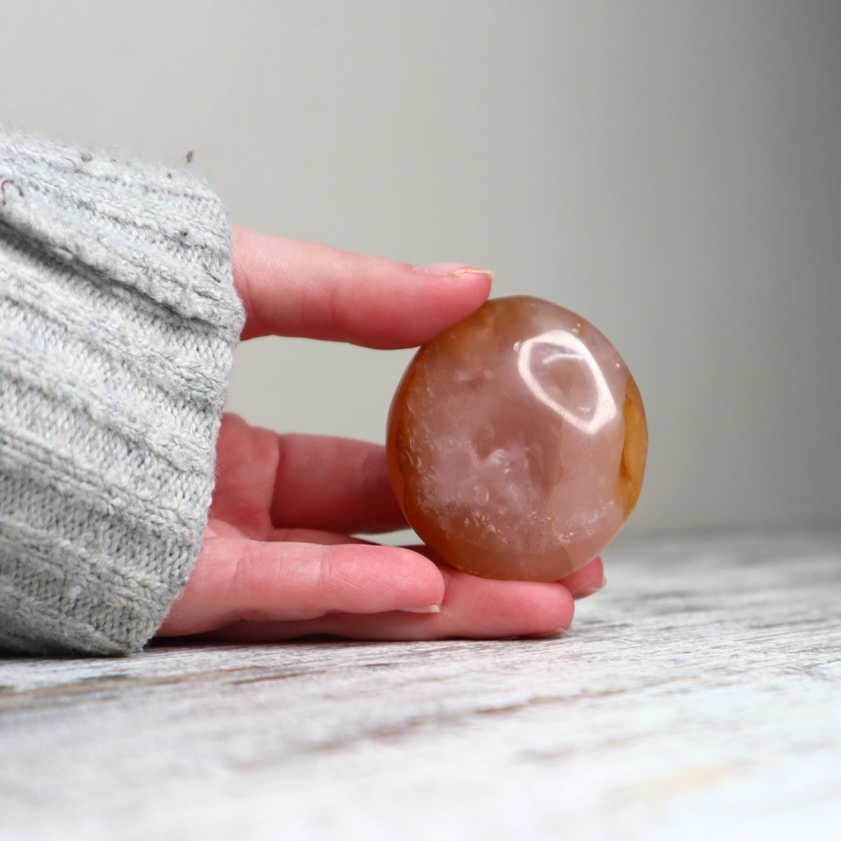Hematoid Quartz Palm Stone | Golden Light, Grounding & Inner Strength