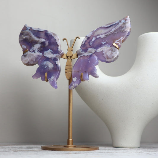 Blue Flower Agate Butterfly Wings on Stand | Growth, Calm & Gentle Becoming
