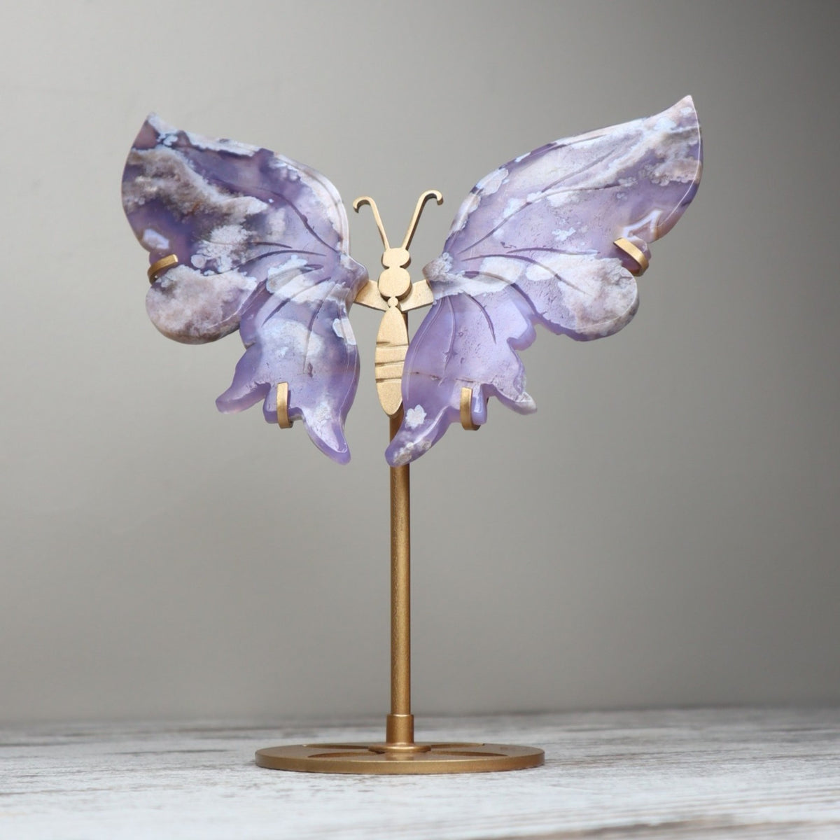 Blue Flower Agate Butterfly Wings on Stand | Growth, Calm & Gentle Becoming