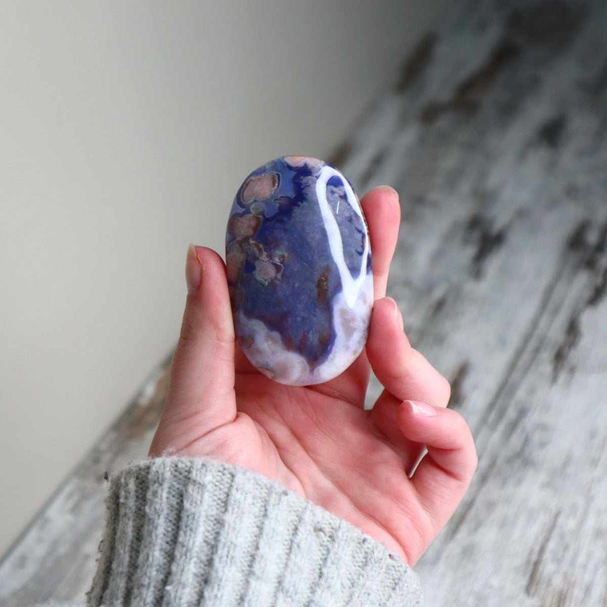 Blue Flower Agate Palm Stone | Inner Growth, Calm & New Beginnings