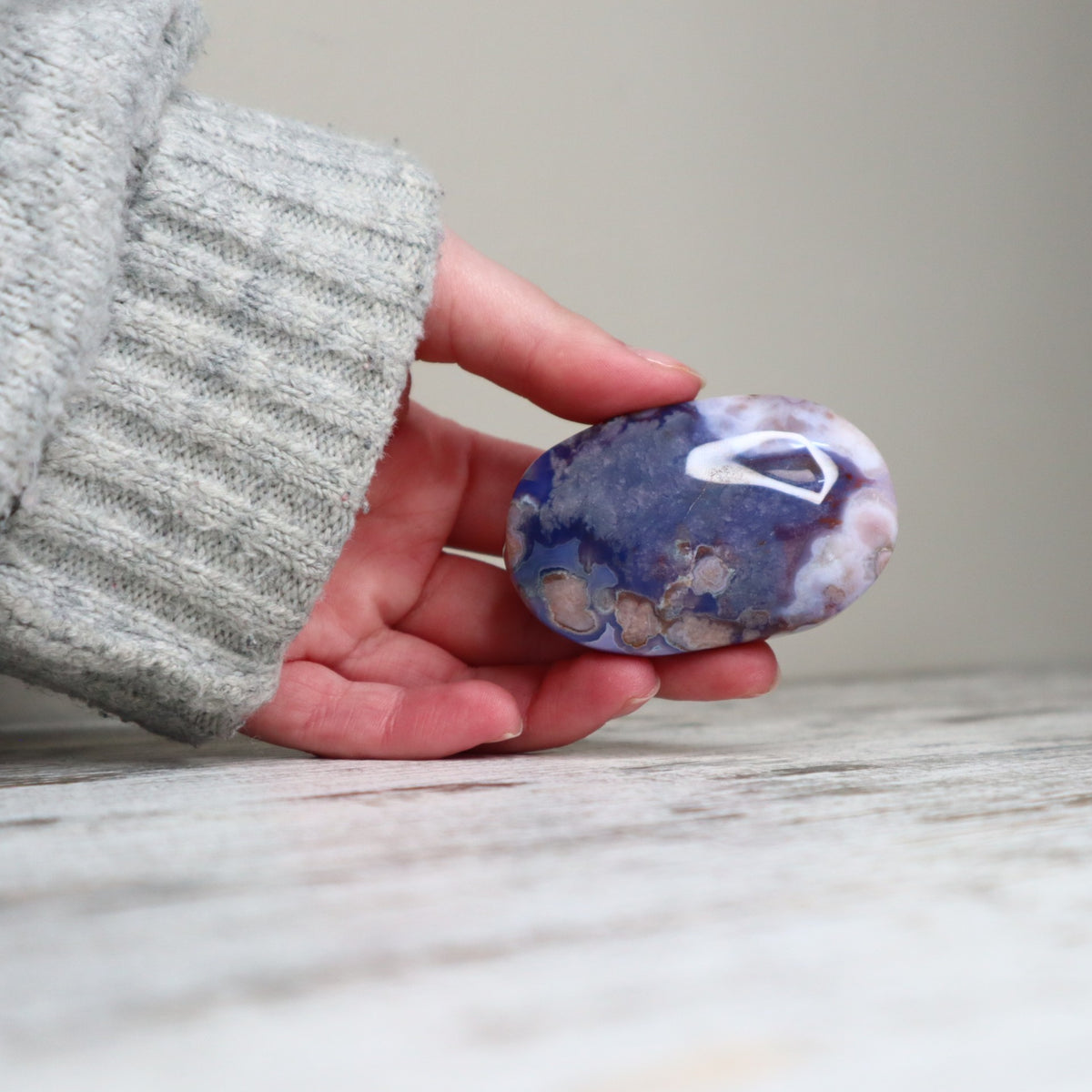 Blue Flower Agate Palm Stone | Inner Growth, Calm & New Beginnings
