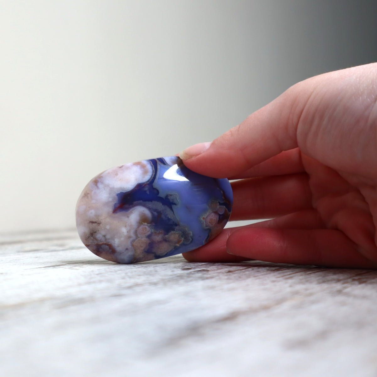 Blue Flower Agate Palm Stone | Inner Growth, Calm & New Beginnings