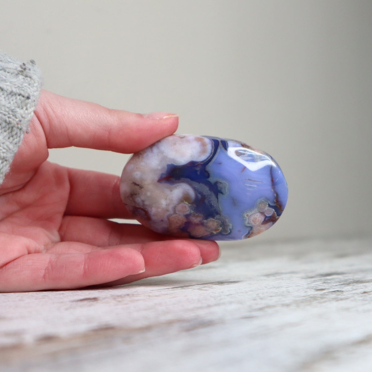 Blue Flower Agate Palm Stone | Inner Growth, Calm & New Beginnings