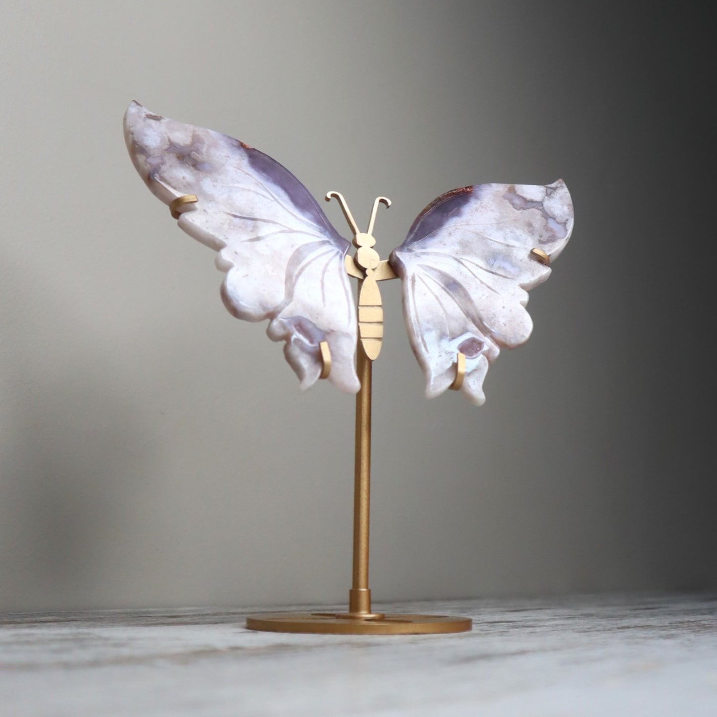 Blue Flower Agate Butterfly Wings on Stand | Serenity, Intuition & Soulful Growth