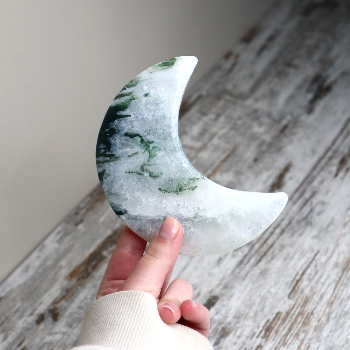 Moss Agate Crescent Moon with Stand | New Beginnings, Growth & Abundance