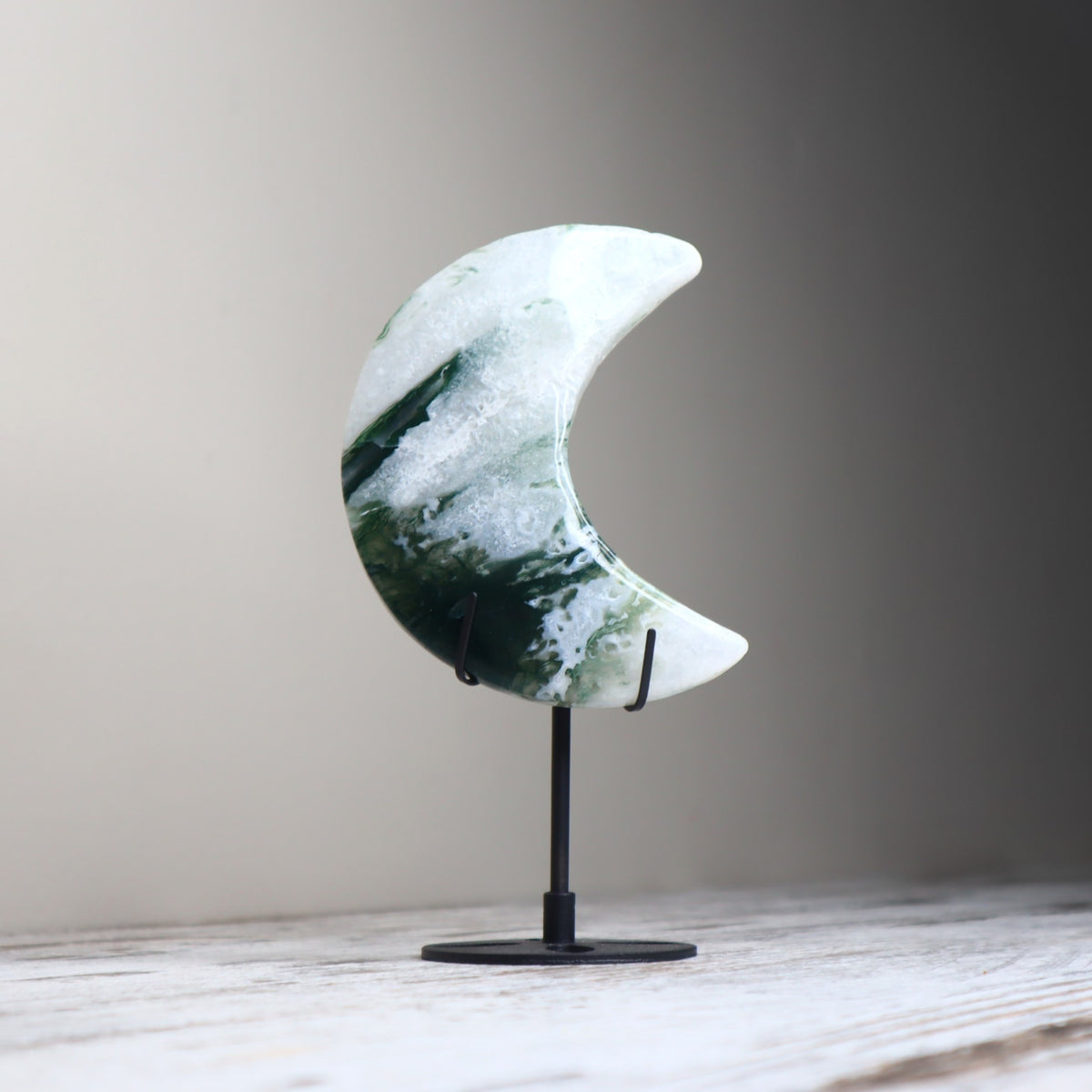 Moss Agate Crescent Moon with Stand | New Beginnings, Growth & Abundance