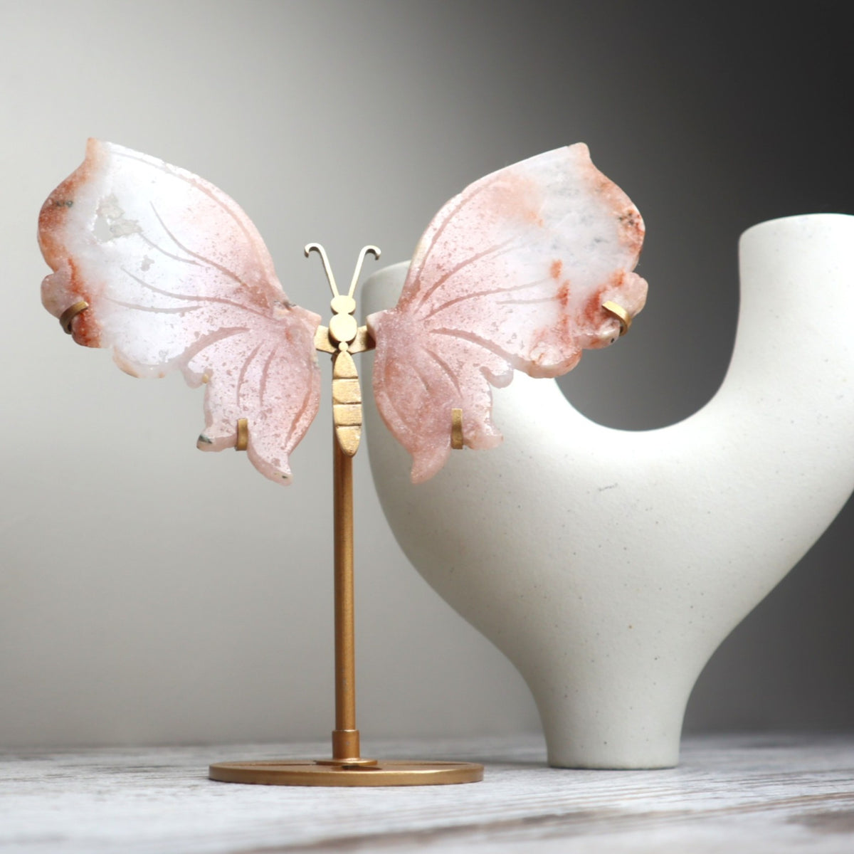Pink Amethyst Flower Agate Butterfly Wings on Stand | Calm, Healing & Heart Awakening