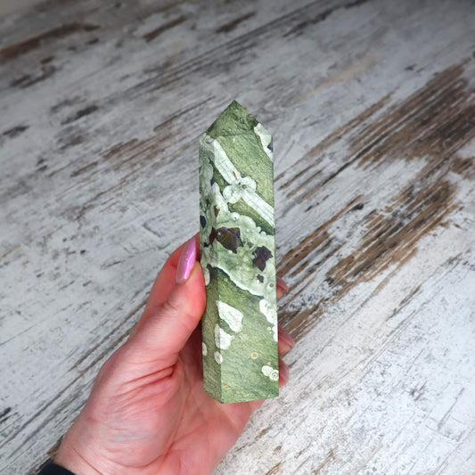 Rainforest Jasper tower held in hand for grounding and heart connection.