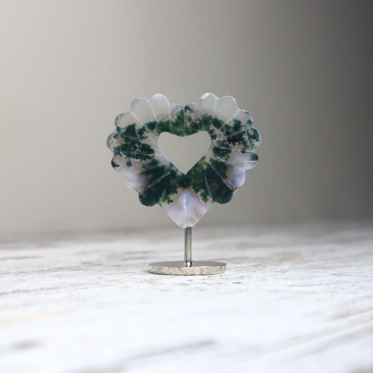Moss Agate Heart on Stand | Growth, Balance &amp; New Beginnings