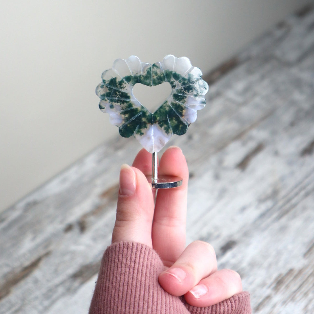 Moss Agate Heart on Stand | Growth, Balance &amp; New Beginnings
