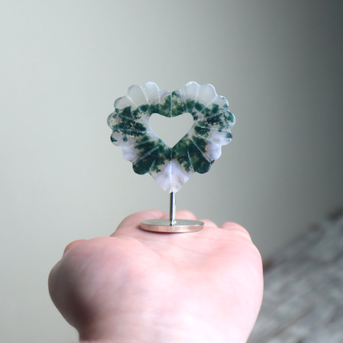 Moss Agate Heart on Stand | Growth, Balance &amp; New Beginnings