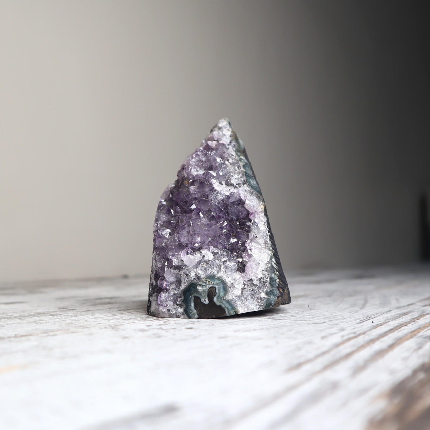 Standing Amethyst cathedral with sparkling druzy crystal surface.