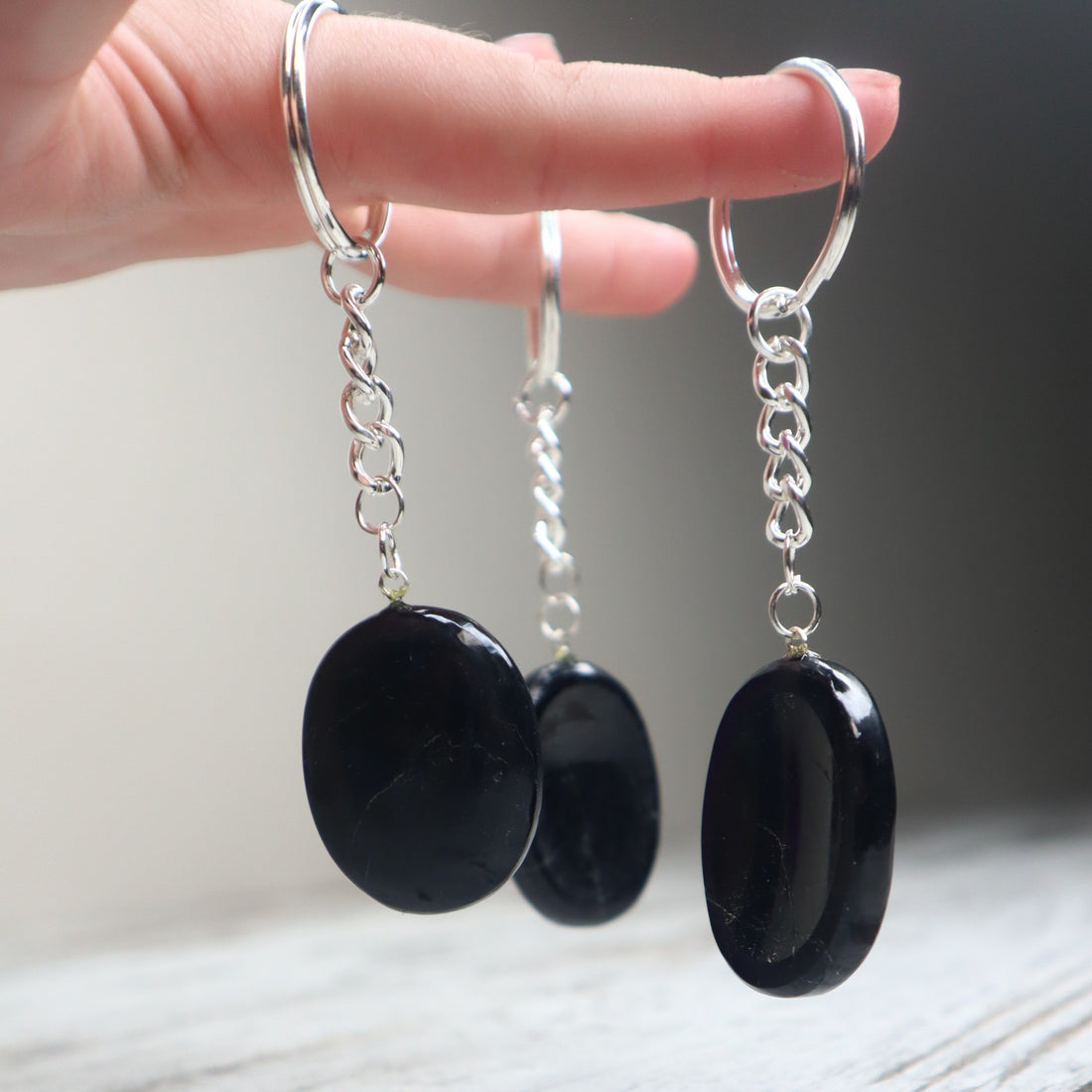Black Tourmaline Worry Stone Keychain | Protection, Grounding &amp; Energy Shield