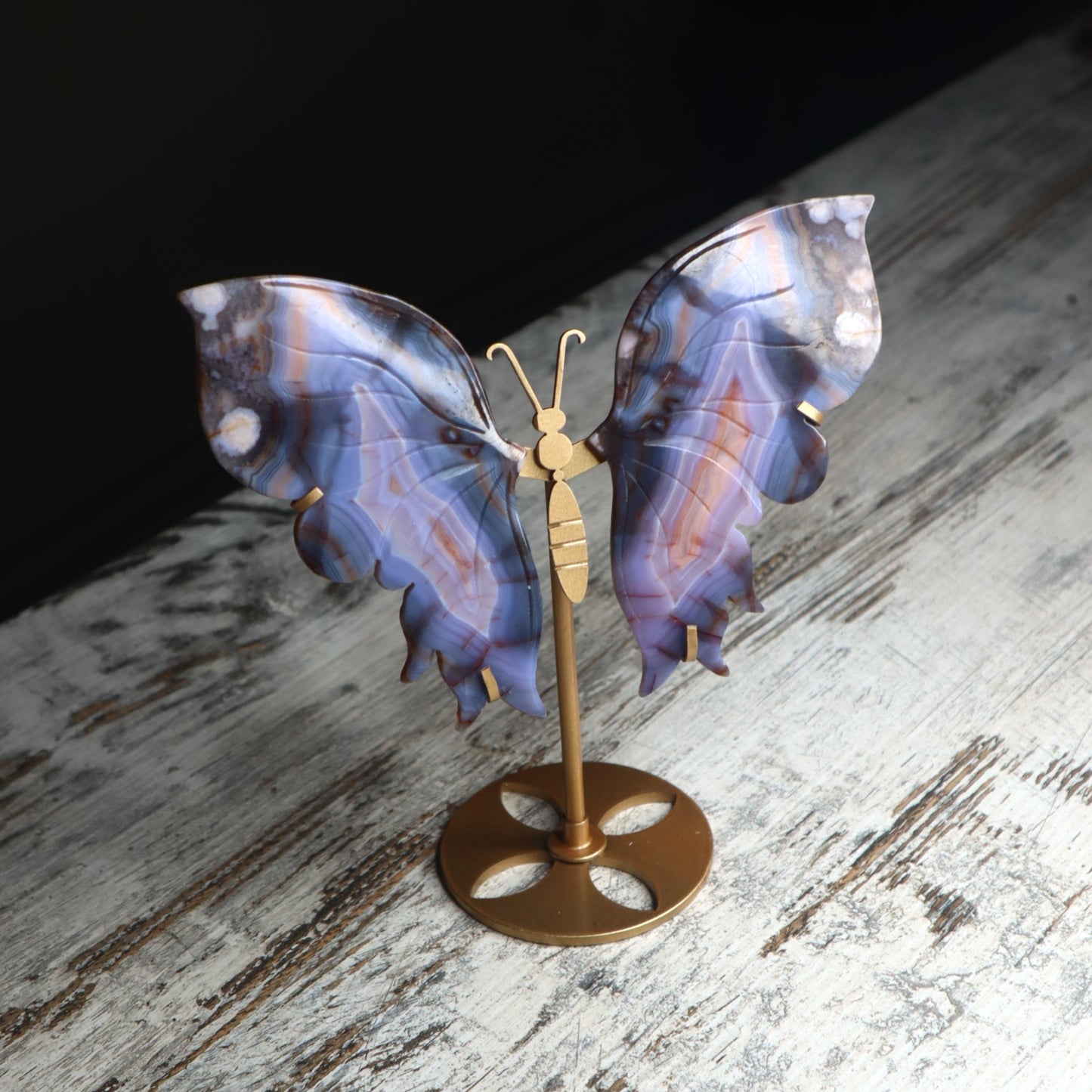 Blue Banded Agate Butterfly Wings on Stand | Calm, Balance & Gentle Growth