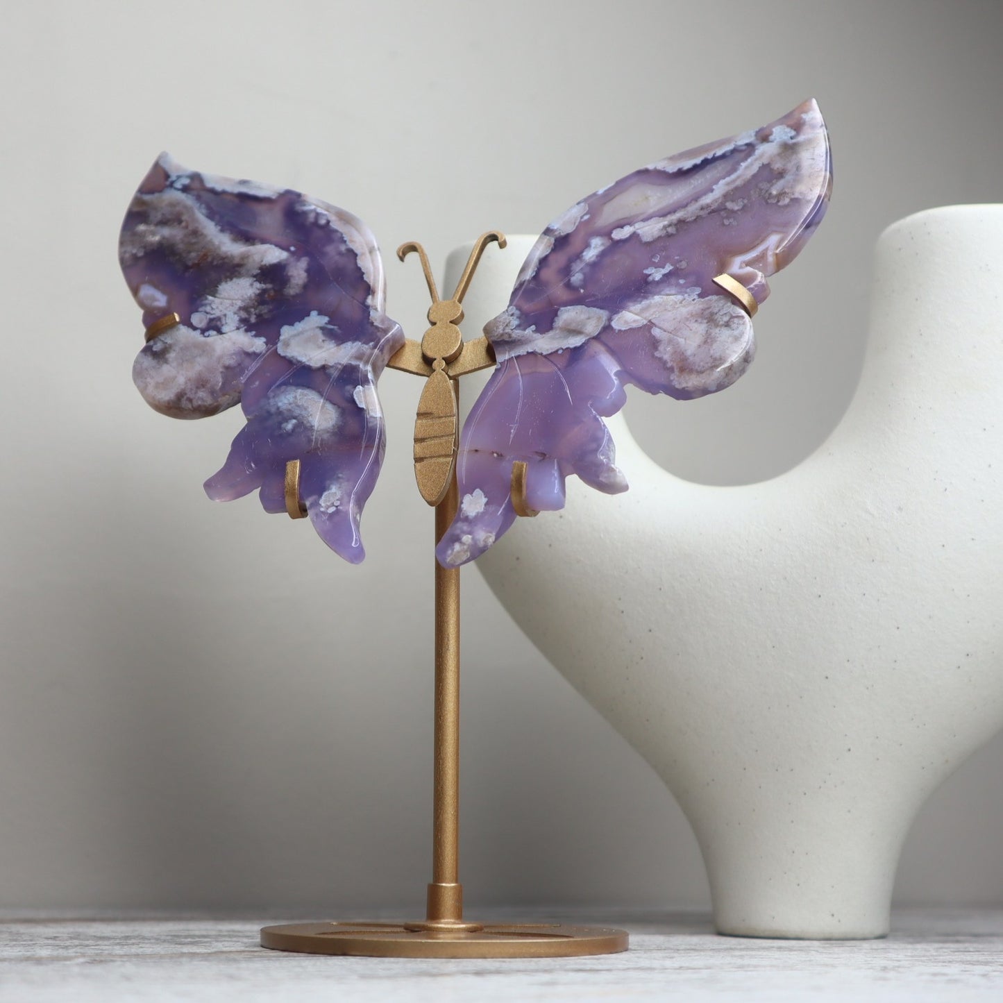 Blue Flower Agate Butterfly Wings on Stand | Growth, Calm & Gentle Becoming