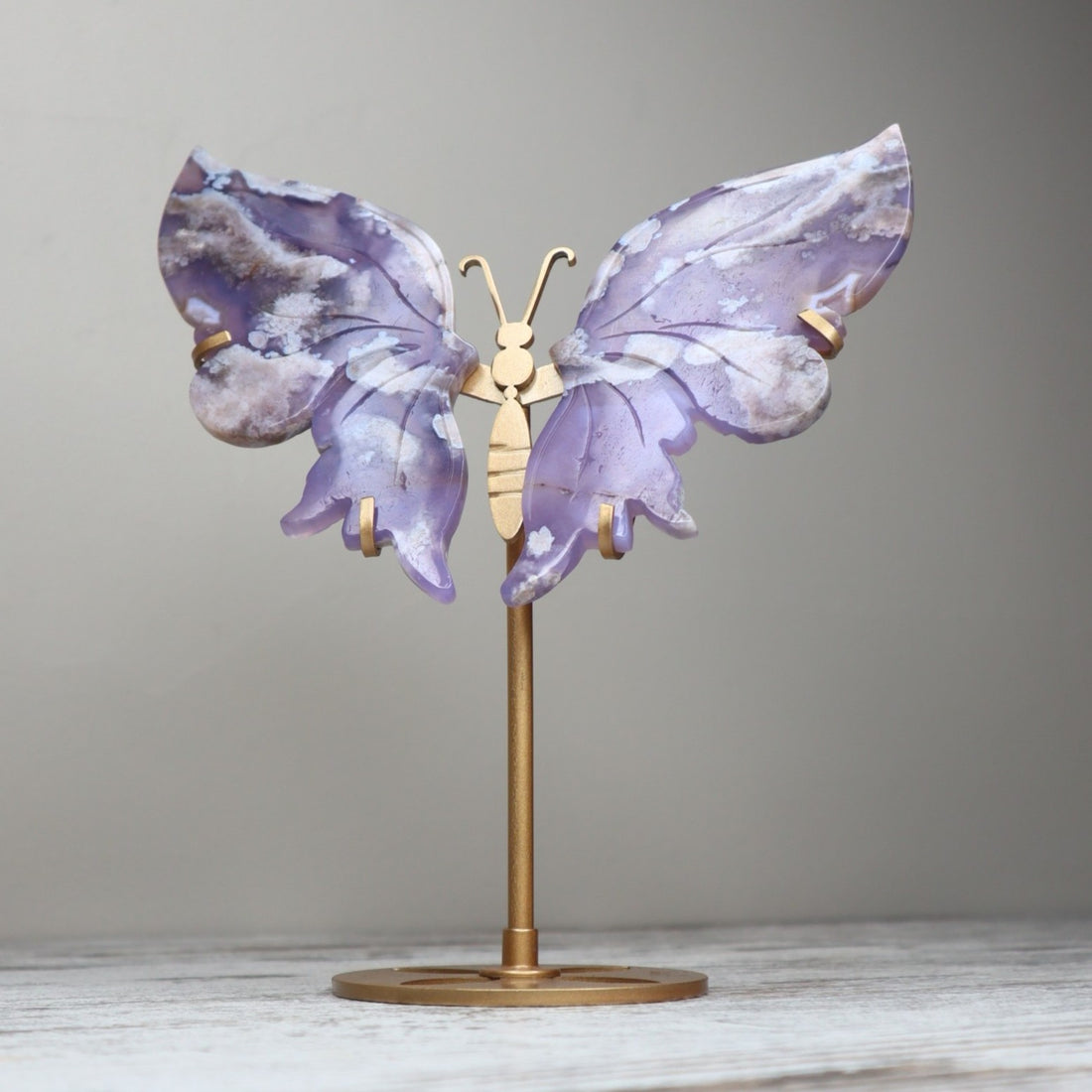 Blue Flower Agate Butterfly Wings on Stand | Growth, Calm &amp; Gentle Becoming
