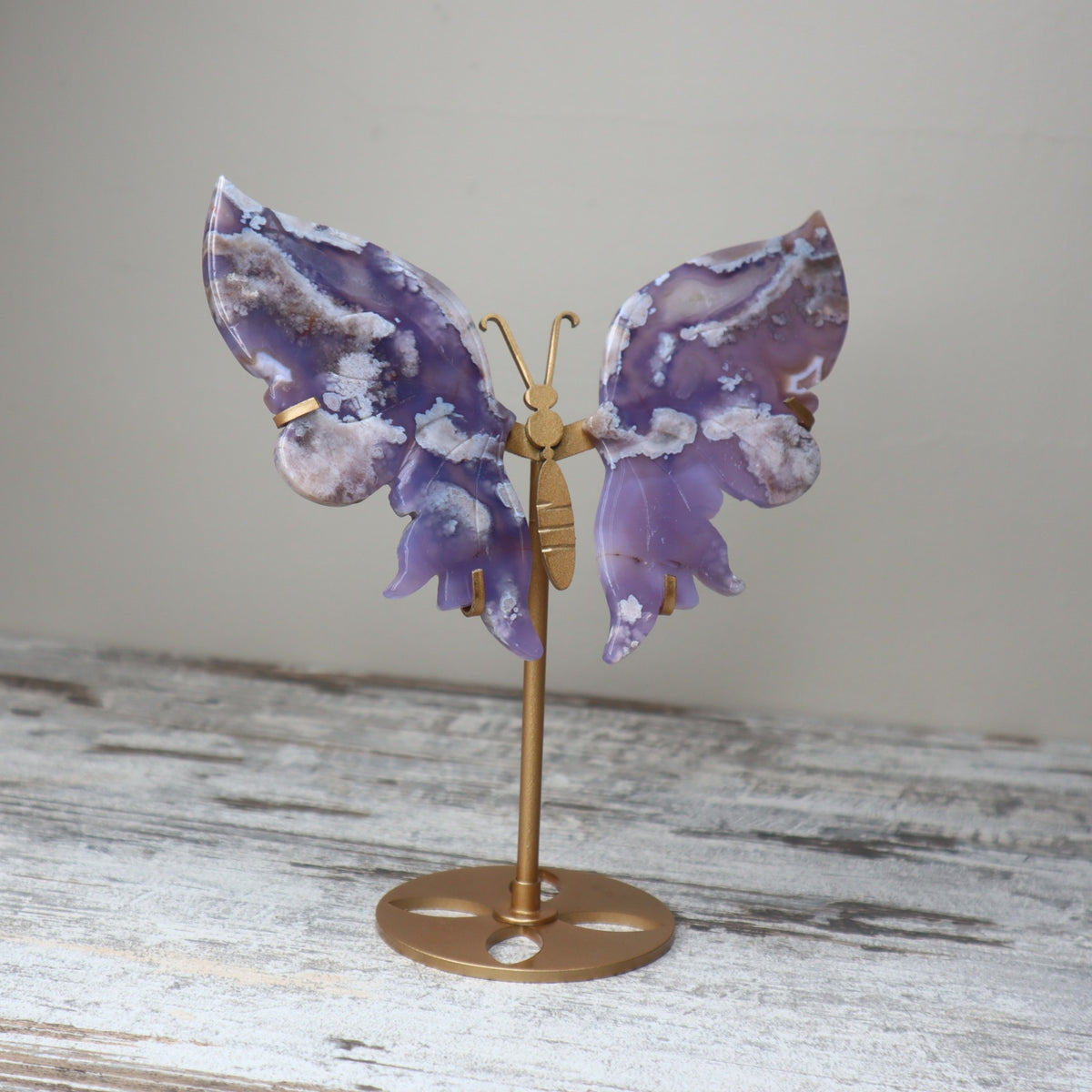 Blue Flower Agate Butterfly Wings on Stand | Growth, Calm &amp; Gentle Becoming