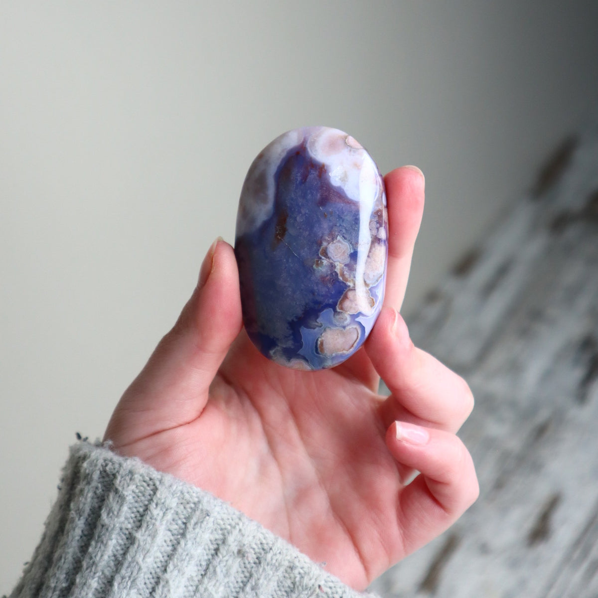 Blue Flower Agate Palm Stone | Inner Growth, Calm &amp; New Beginnings