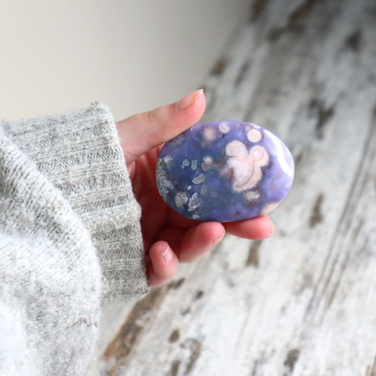 Blue Flower Agate Palm Stone | Gentle Growth, Serenity &amp; Self-Discovery