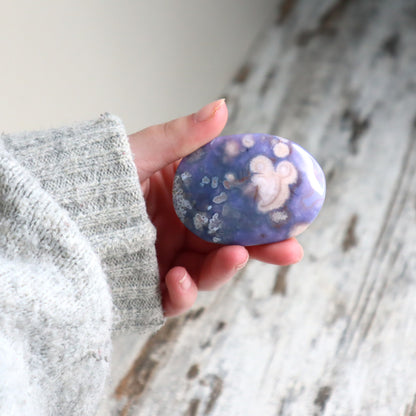Blue Flower Agate Palm Stone | Gentle Growth, Serenity &amp; Self-Discovery