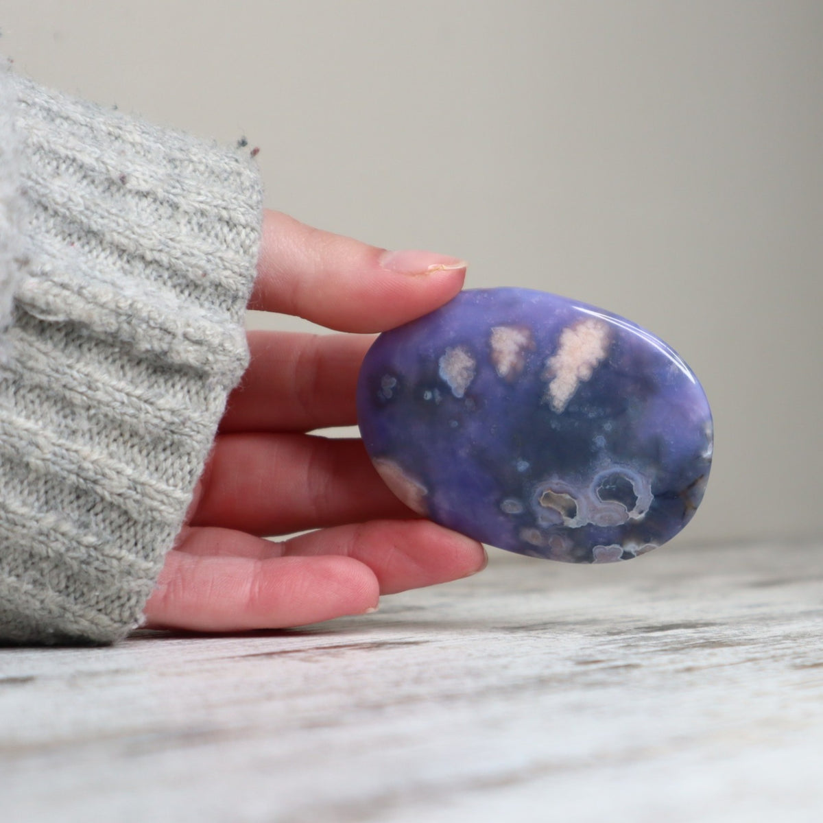 Blue Flower Agate Palm Stone | Gentle Growth, Serenity &amp; Self-Discovery