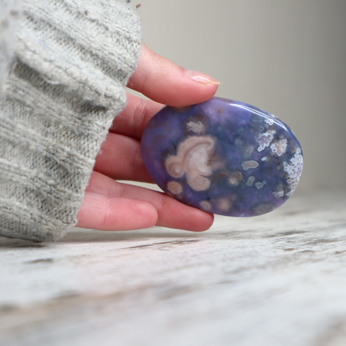 Blue Flower Agate Palm Stone | Gentle Growth, Serenity &amp; Self-Discovery