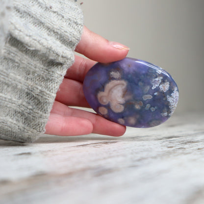 Blue Flower Agate Palm Stone | Gentle Growth, Serenity &amp; Self-Discovery