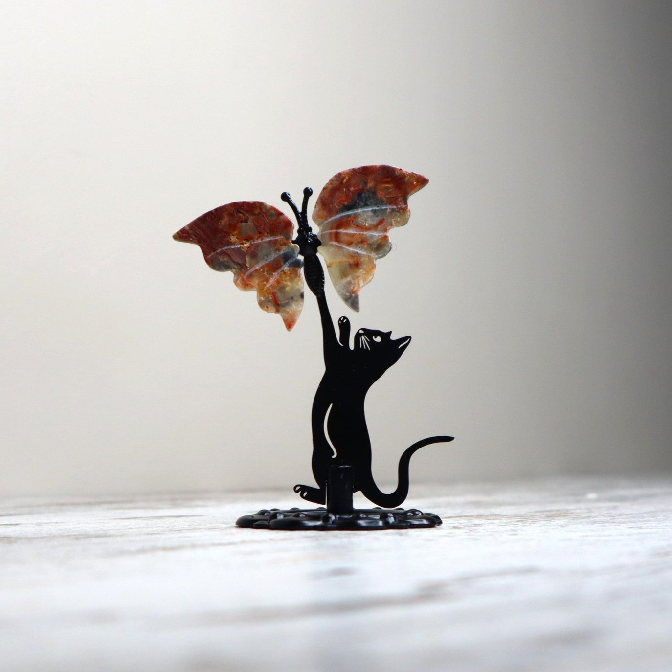 Crazy Lace Agate Cat &amp; Butterfly Display | Joy, Curiosity &amp; Positive Transformation