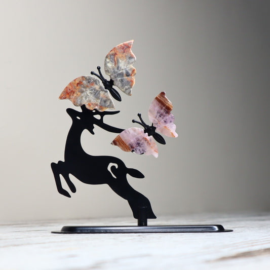 Crazy Lace Agate & Amethyst Butterfly Deer | Joy, Calm & Transformation