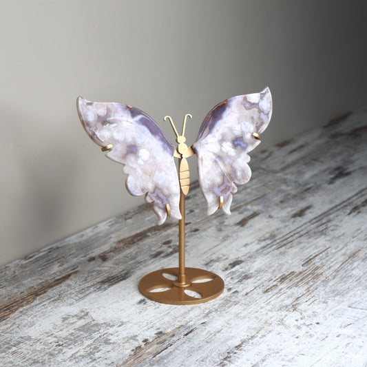 Blue Flower Agate Butterfly Wings on Stand | Serenity, Intuition & Soulful Growth