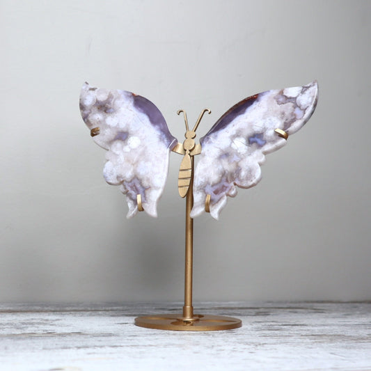 Blue Flower Agate Butterfly Wings on Stand | Serenity, Intuition & Soulful Growth