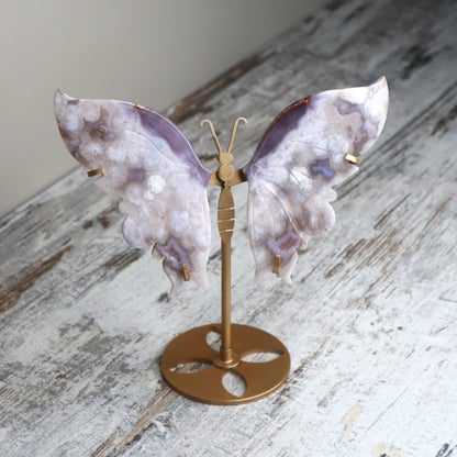 Blue Flower Agate Butterfly Wings on Stand | Serenity, Intuition & Soulful Growth