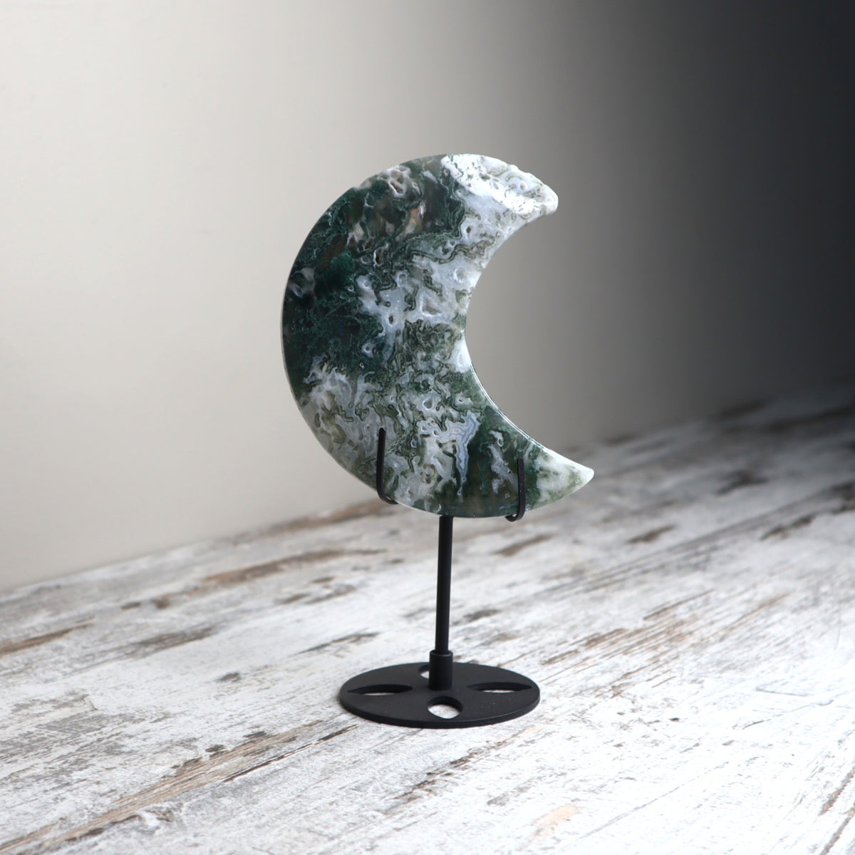 Moss Agate Crescent Moon with Stand | Growth, Harmony &amp; New Beginnings