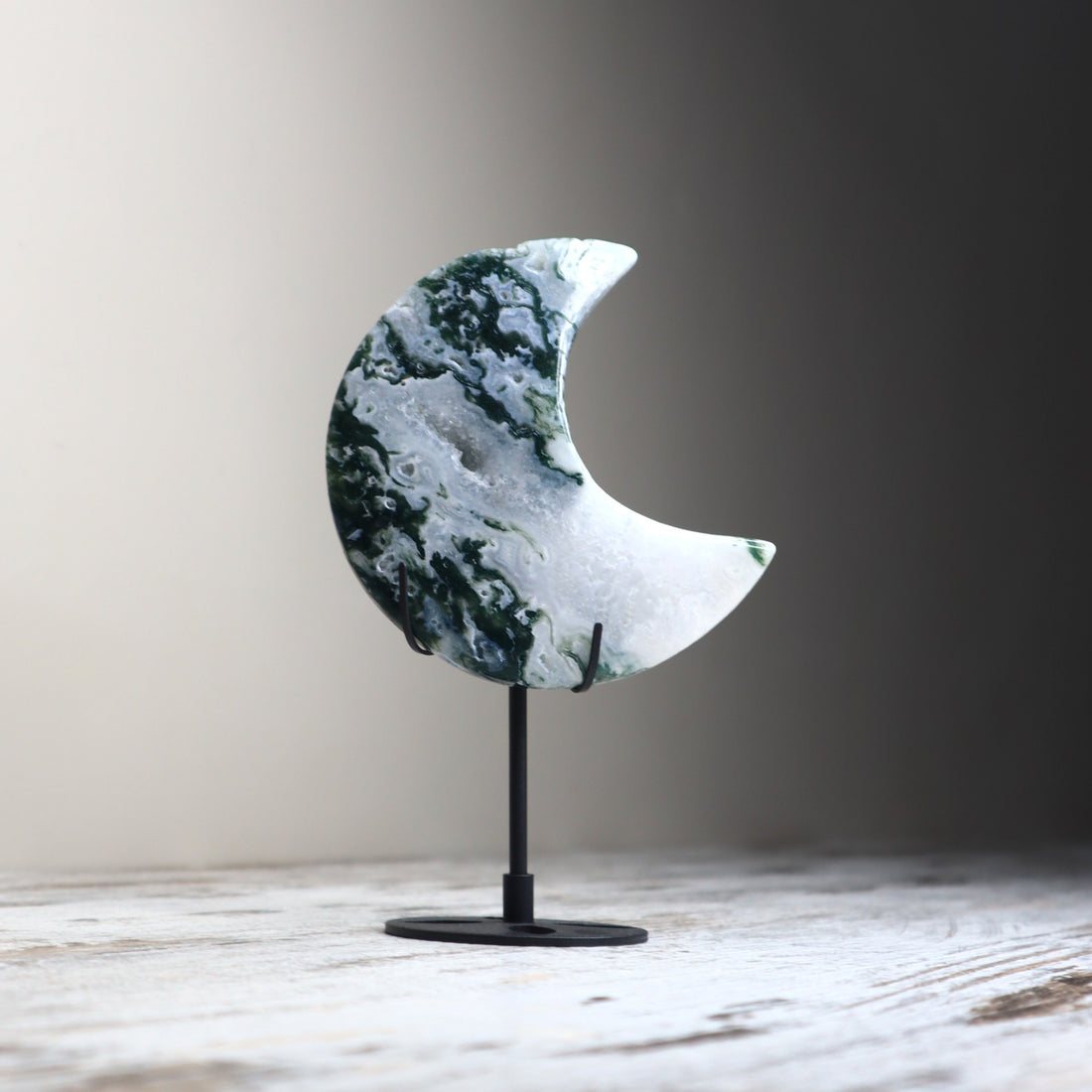 Moss Agate Crescent Moon with Stand | Renewal, Abundance &amp; Earth Connection