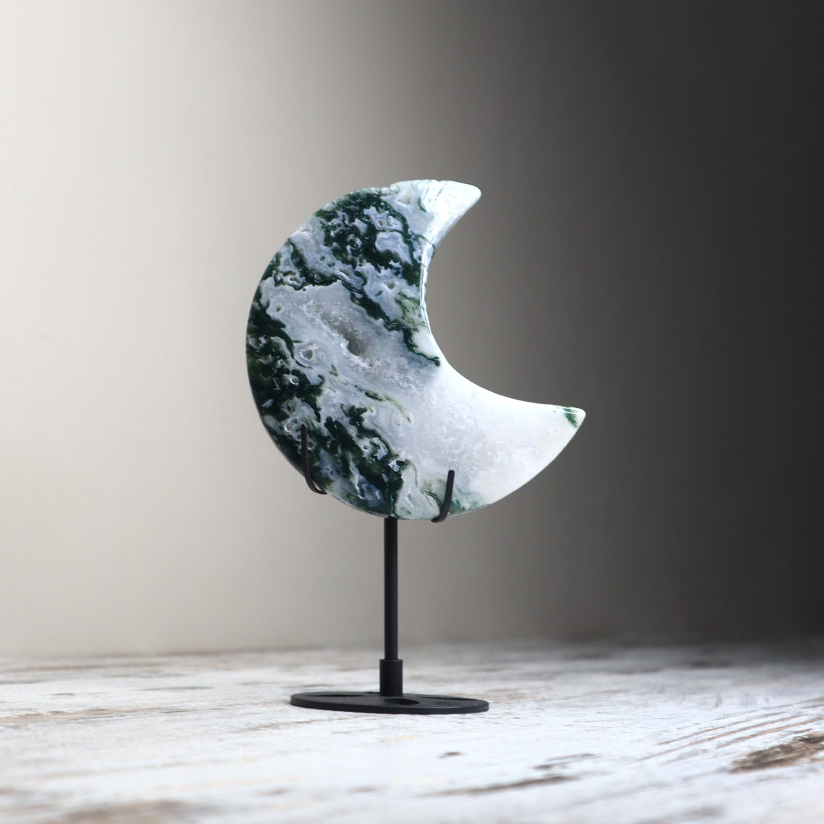 Moss Agate Crescent Moon with Stand | Renewal, Abundance &amp; Earth Connection