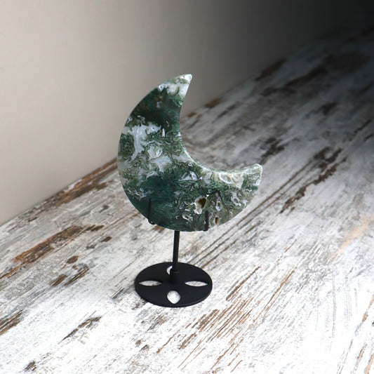 Moss Agate Crescent Moon with Stand | Growth, Harmony & New Beginnings