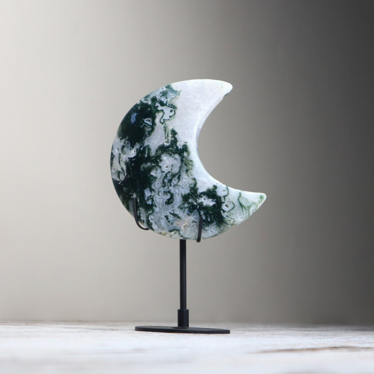 Moss Agate Crescent Moon with Stand | Renewal, Abundance &amp; Earth Connection