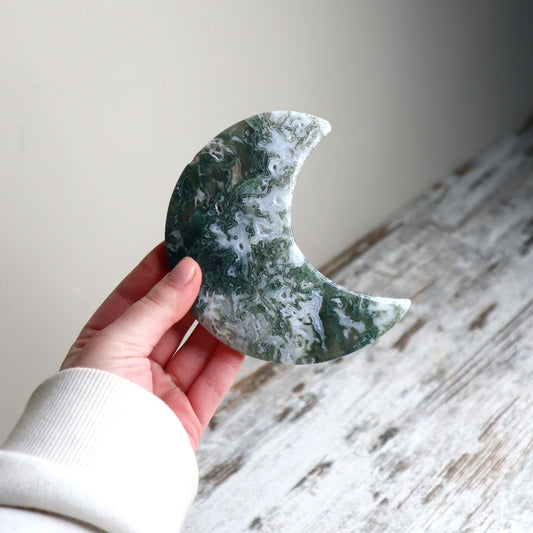 Moss Agate Crescent Moon with Stand | Growth, Harmony & New Beginnings