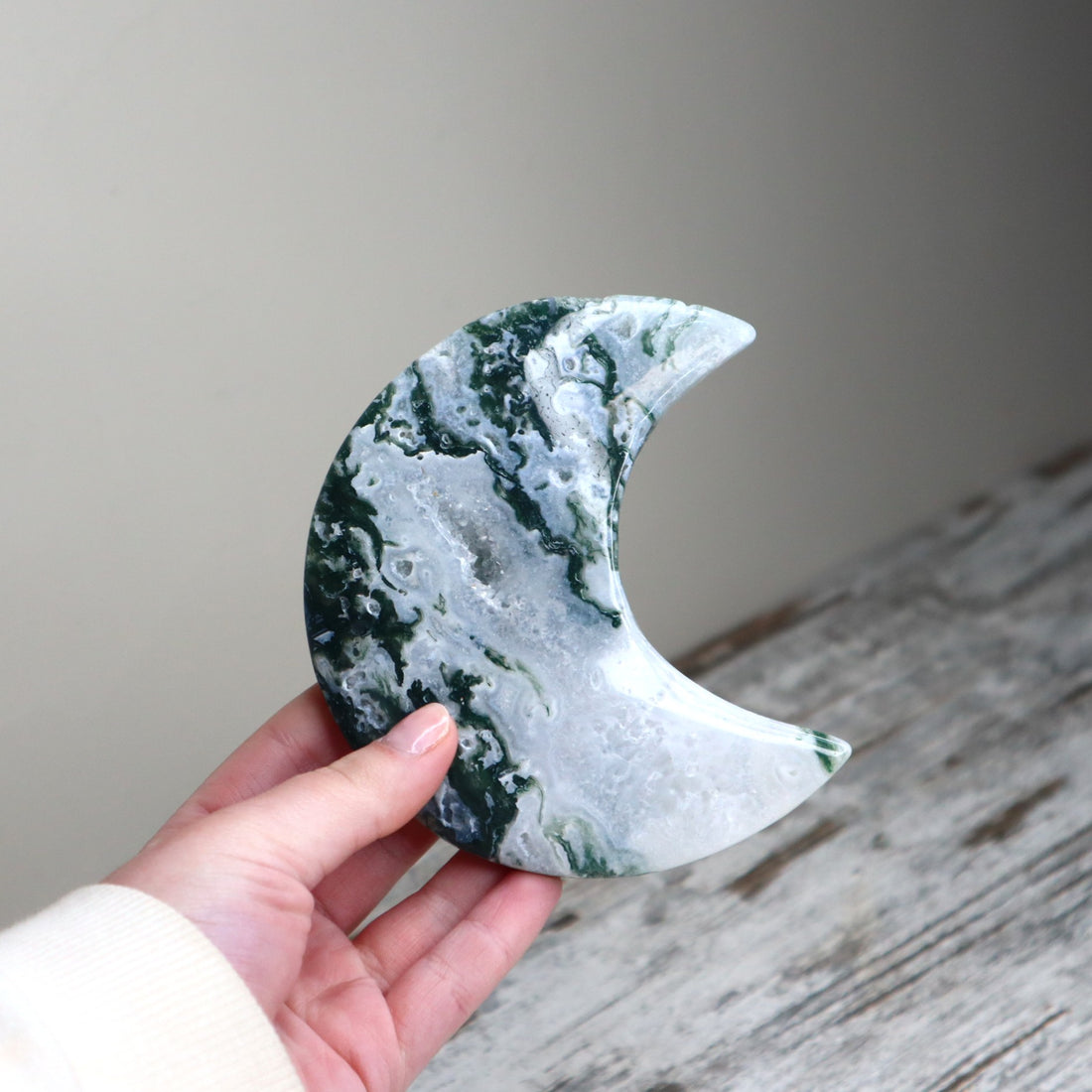 Moss Agate Crescent Moon with Stand | Renewal, Abundance &amp; Earth Connection