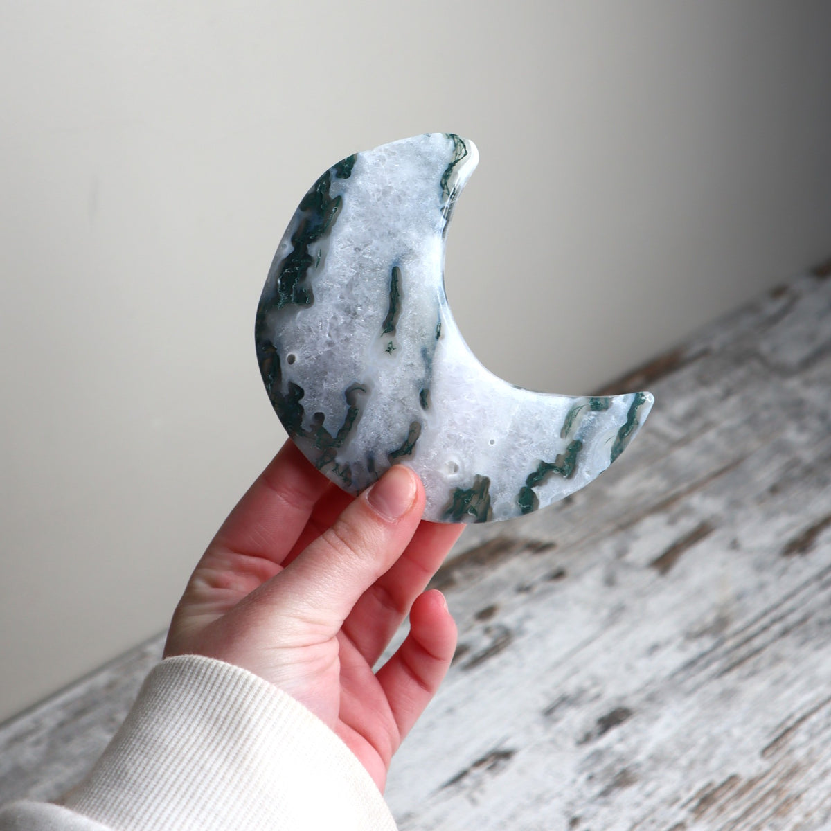 Moss Agate Crescent Moon with Stand | Growth, Grounding &amp; New Beginnings