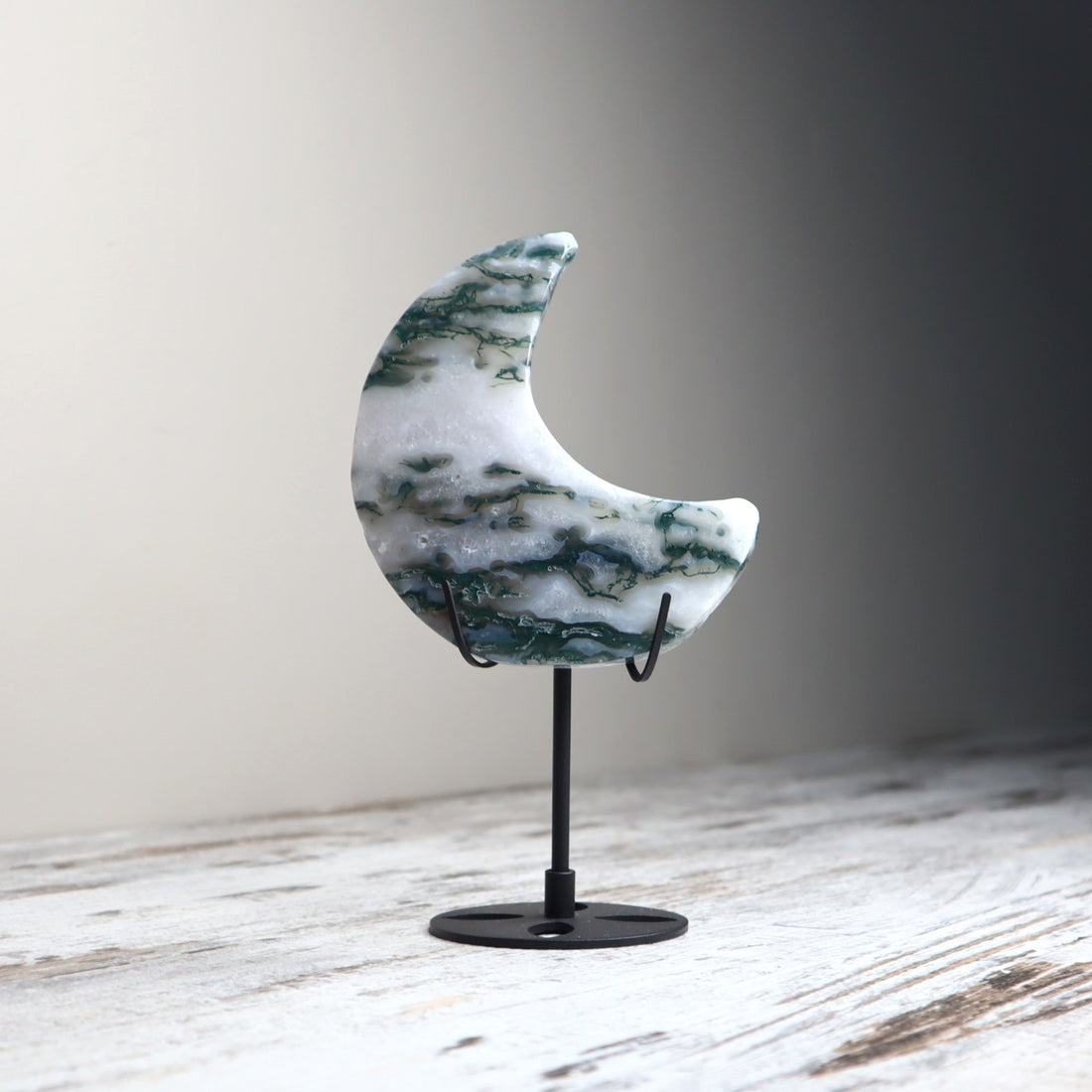 Moss Agate Crescent Moon with Stand | Growth, Grounding &amp; New Beginnings