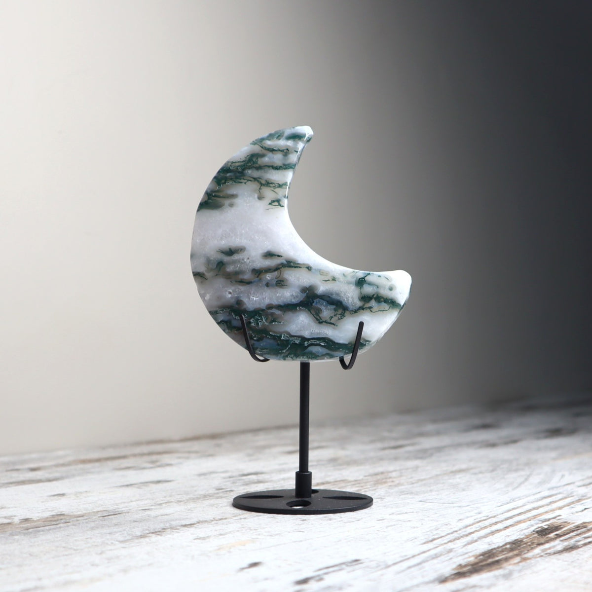 Moss Agate Crescent Moon with Stand | Growth, Grounding &amp; New Beginnings