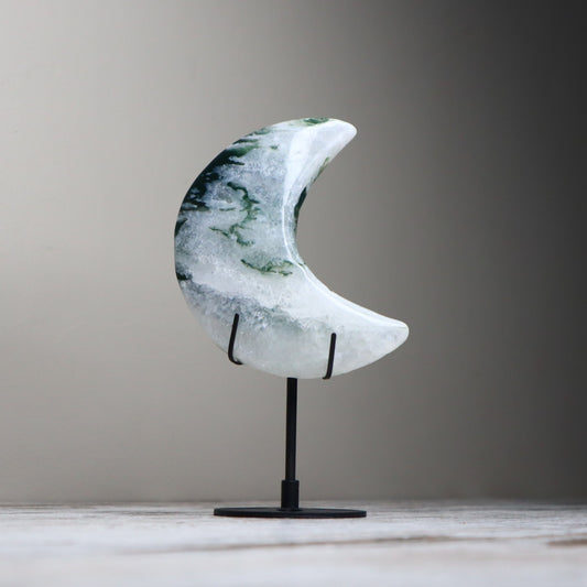 Moss Agate Crescent Moon with Stand | New Beginnings, Growth & Abundance