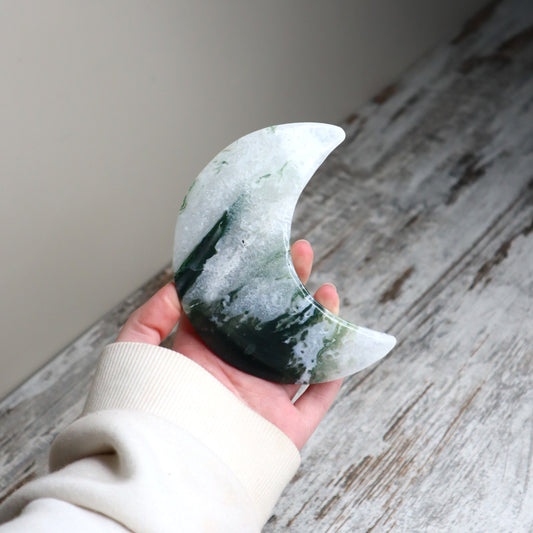 Moss Agate Crescent Moon with Stand | New Beginnings, Growth & Abundance