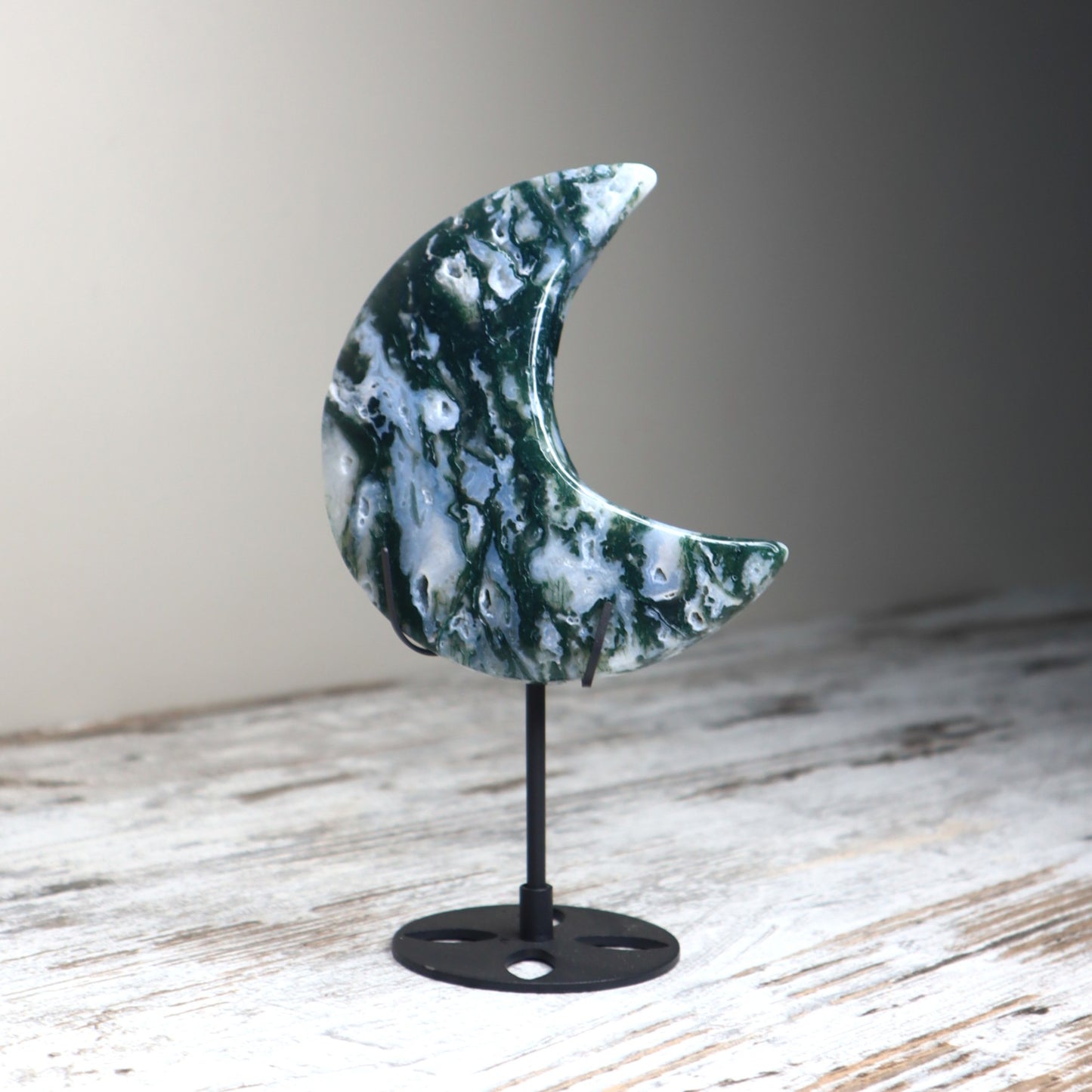 Moss Agate Crescent Moon with Stand | New Beginnings, Grounding & Growth