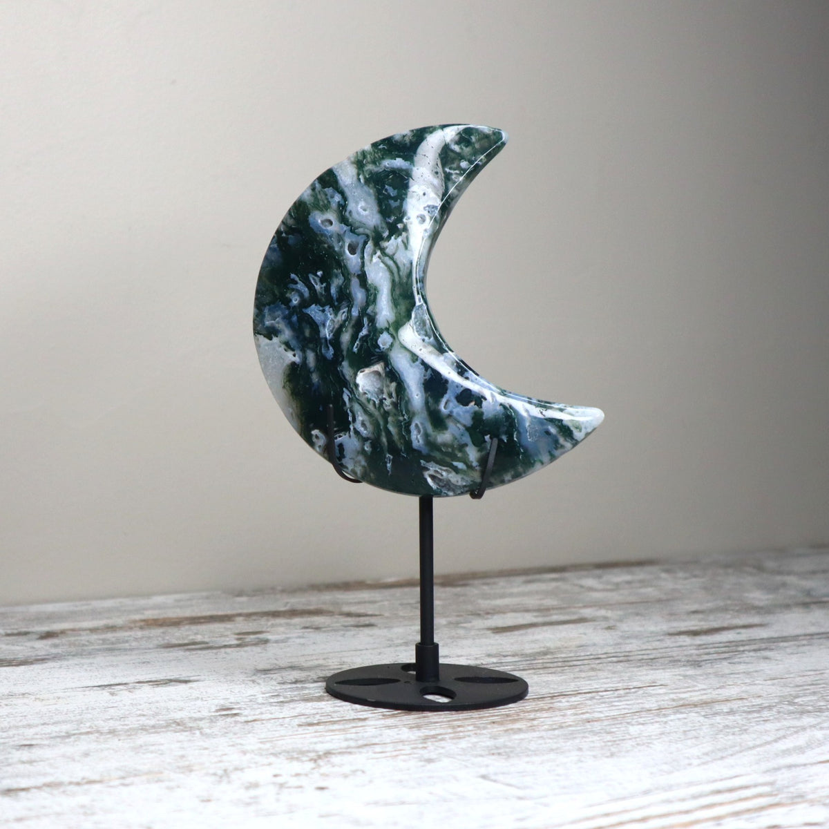 Moss Agate Crescent Moon with Stand | New Beginnings, Grounding &amp; Growth
