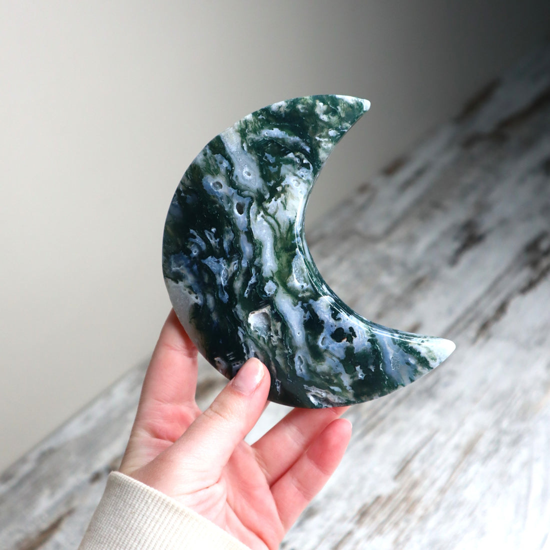 Moss Agate Crescent Moon with Stand | New Beginnings, Grounding &amp; Growth