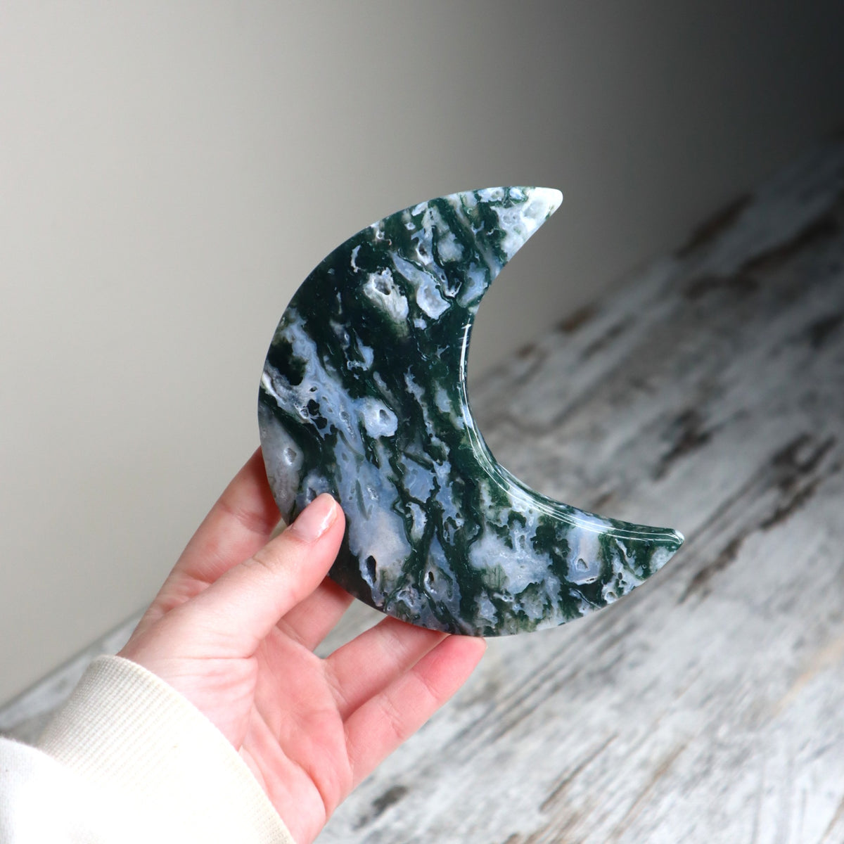 Moss Agate Crescent Moon with Stand | New Beginnings, Grounding &amp; Growth